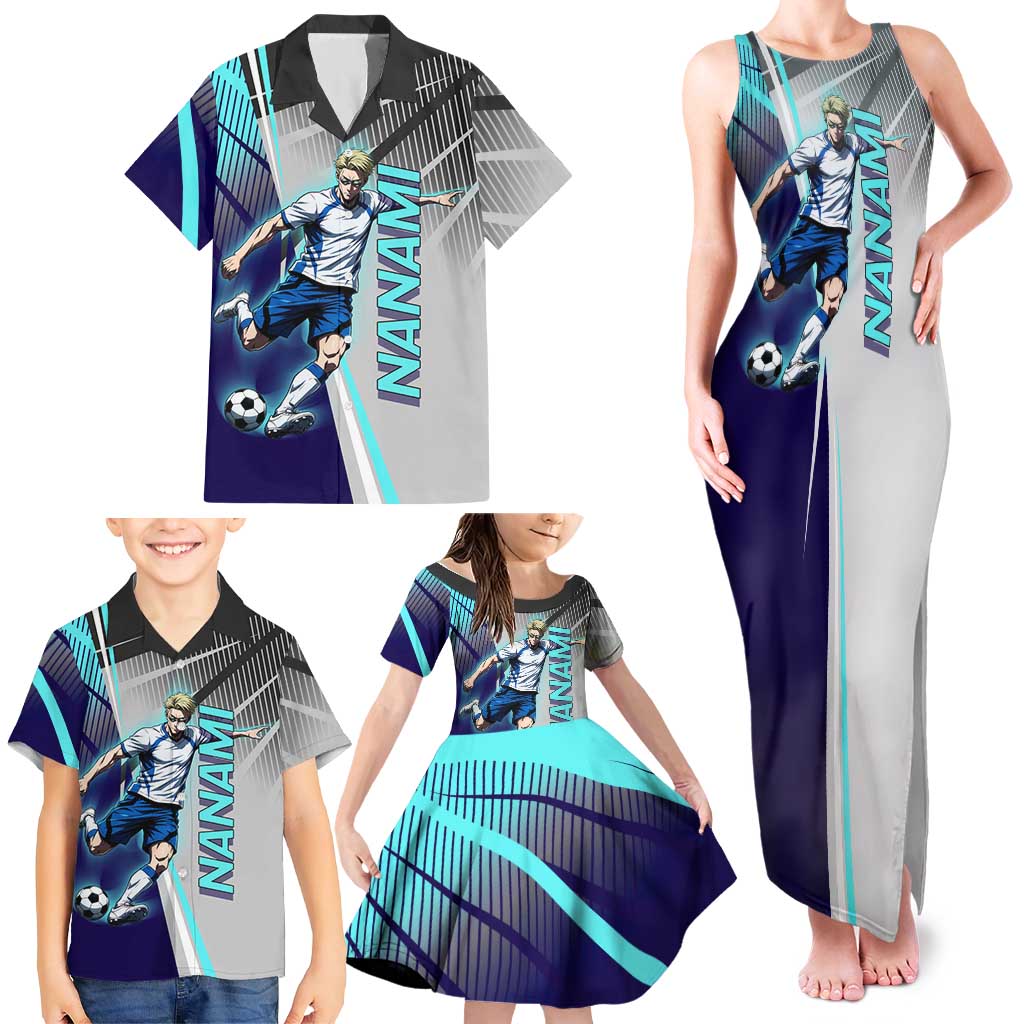 Personalized Nanami Kento Jujutsu Kaisen Family Matching Tank Maxi Dress and Hawaiian Shirt with Teal Highlights and Dynamic Kick Pose