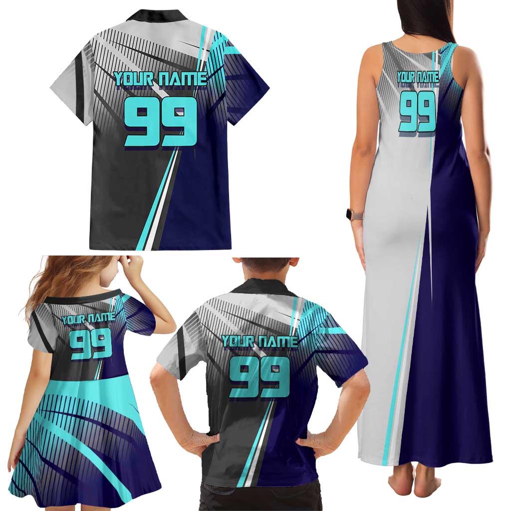 Personalized Nanami Kento Jujutsu Kaisen Family Matching Tank Maxi Dress and Hawaiian Shirt with Teal Highlights and Dynamic Kick Pose