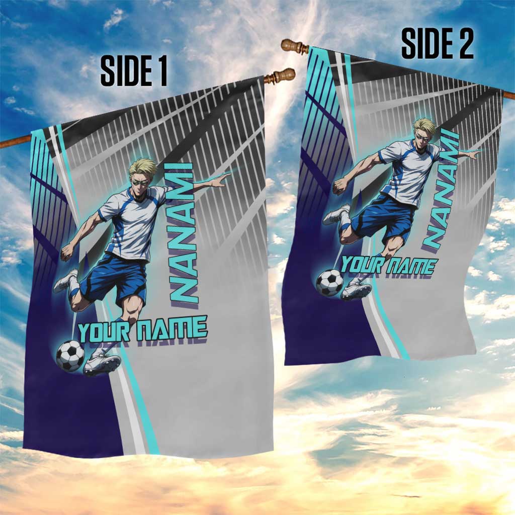 Personalized Nanami Kento Jujutsu Kaisen Garden Flag with Teal Highlights and Dynamic Kick Pose