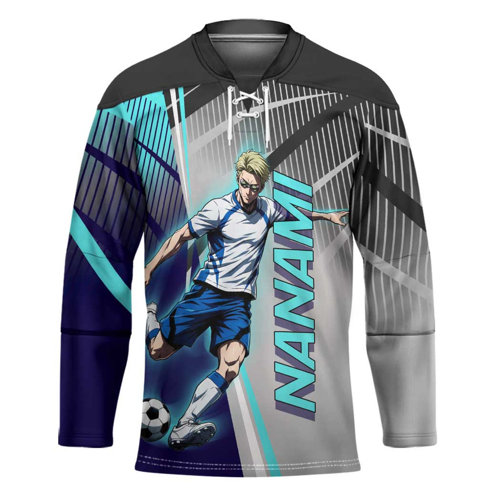 Personalized Nanami Kento Jujutsu Kaisen Hockey Jersey with Teal Highlights and Dynamic Kick Pose