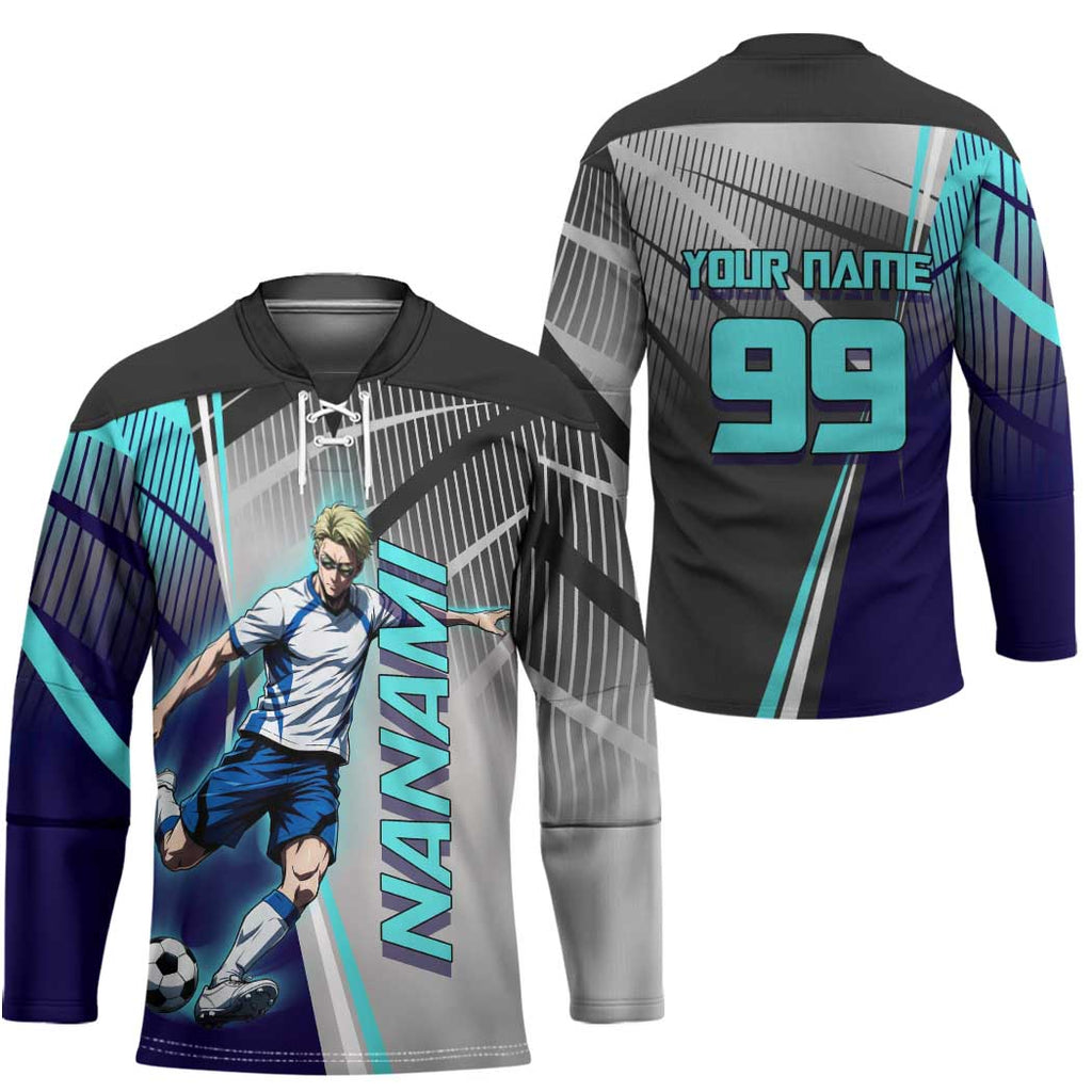 Personalized Nanami Kento Jujutsu Kaisen Hockey Jersey with Teal Highlights and Dynamic Kick Pose