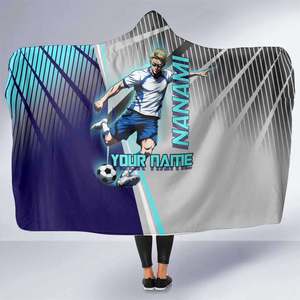 Personalized Nanami Kento Jujutsu Kaisen Hooded Blanket with Teal Highlights and Dynamic Kick Pose