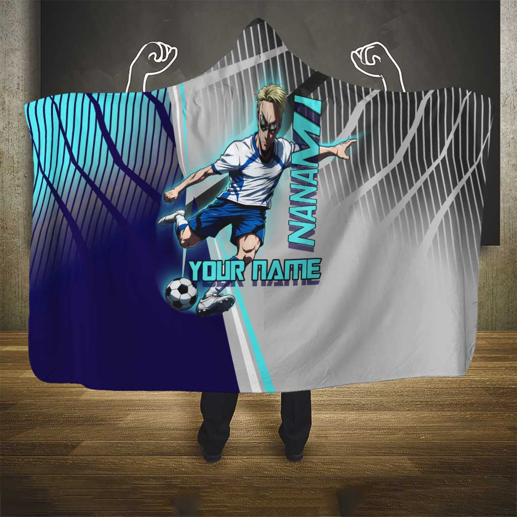 Personalized Nanami Kento Jujutsu Kaisen Hooded Blanket with Teal Highlights and Dynamic Kick Pose