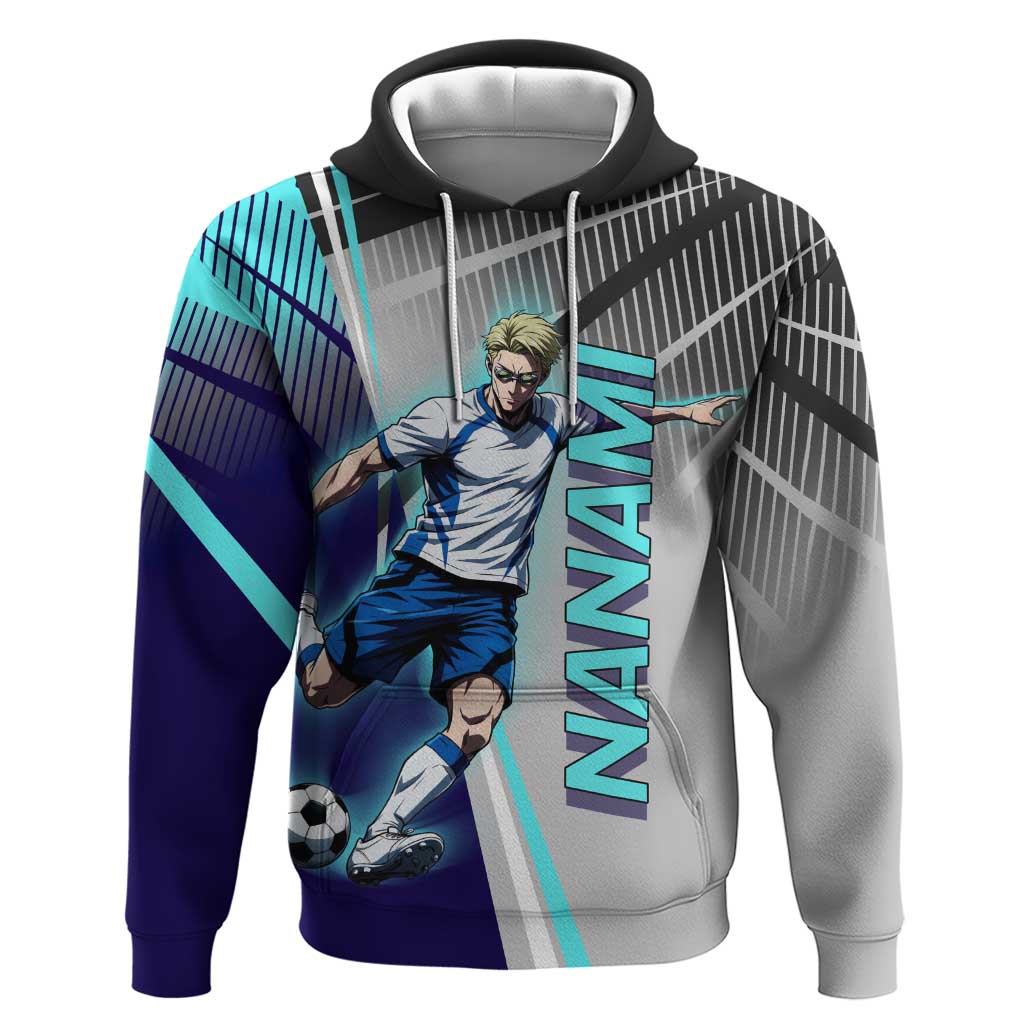Personalized Nanami Kento Jujutsu Kaisen Hoodie with Teal Highlights and Dynamic Kick Pose