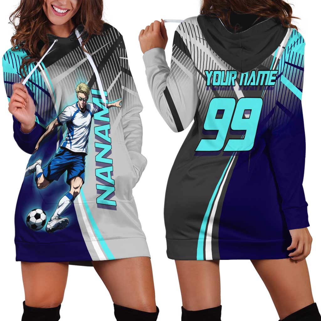Personalized Nanami Kento Jujutsu Kaisen Hoodie Dress with Teal Highlights and Dynamic Kick Pose