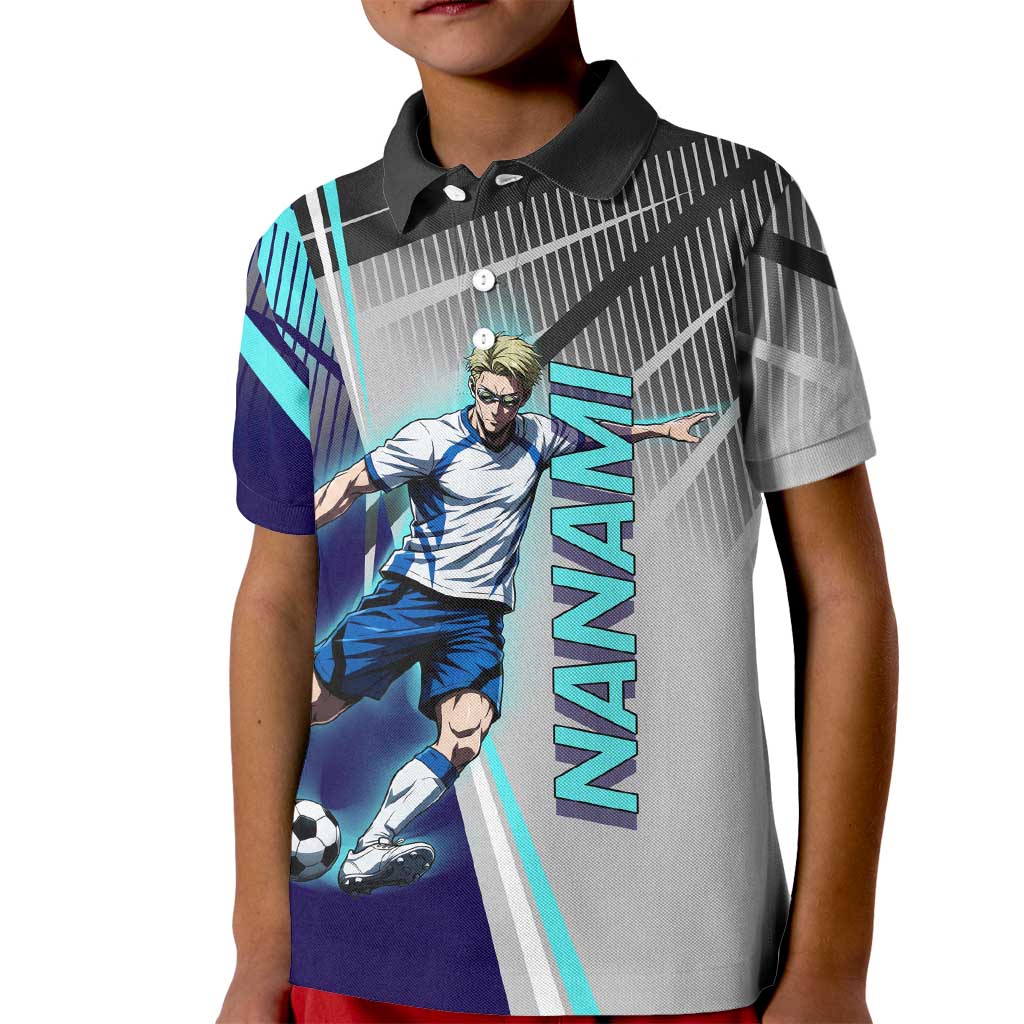 Personalized Nanami Kento Jujutsu Kaisen Kid Polo Shirt with Teal Highlights and Dynamic Kick Pose