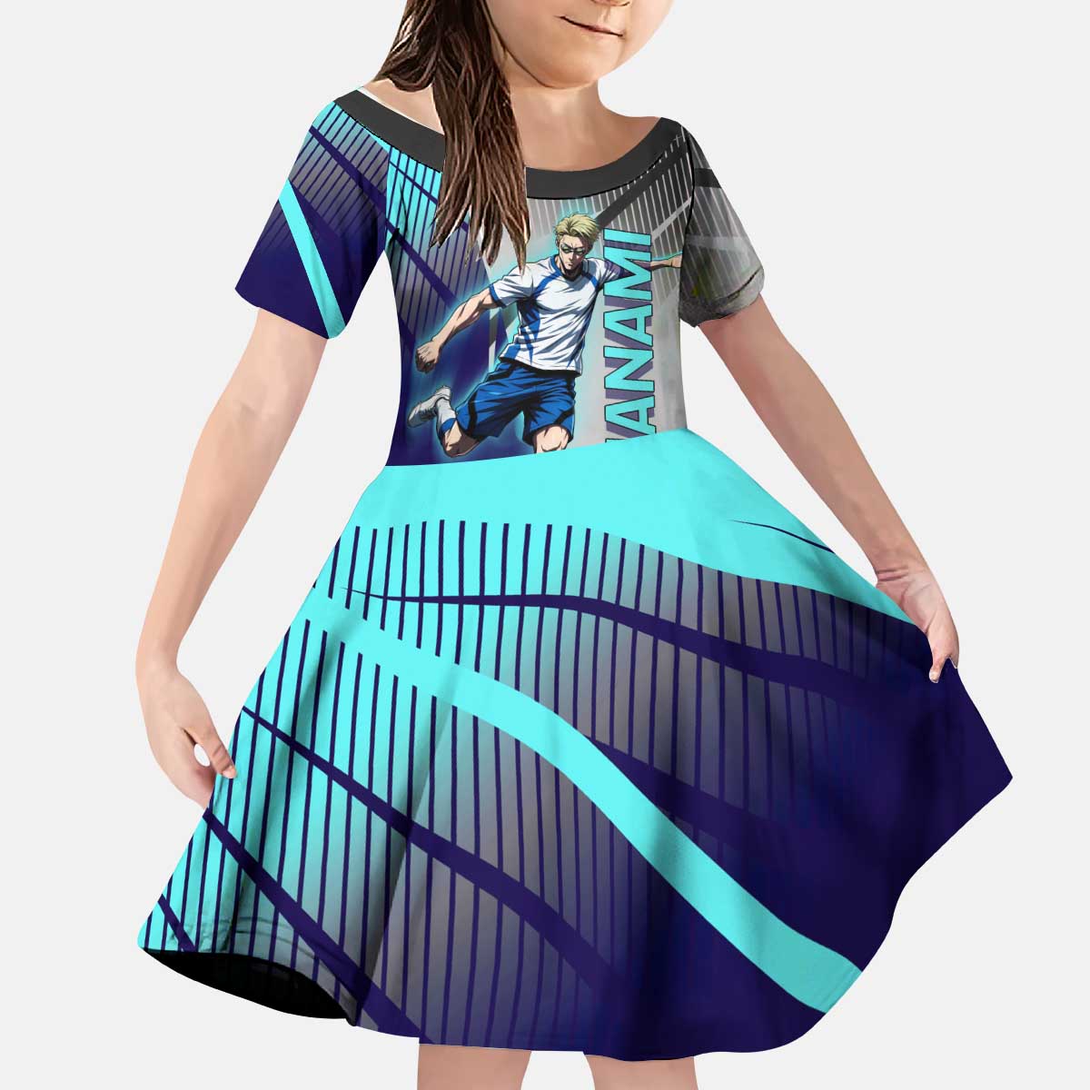 Personalized Nanami Kento Jujutsu Kaisen Kid Short Sleeve Dress with Teal Highlights and Dynamic Kick Pose