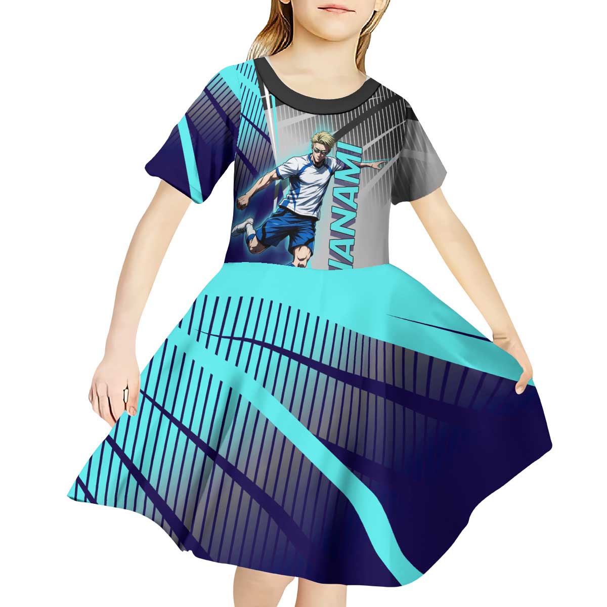 Personalized Nanami Kento Jujutsu Kaisen Kid Short Sleeve Dress with Teal Highlights and Dynamic Kick Pose