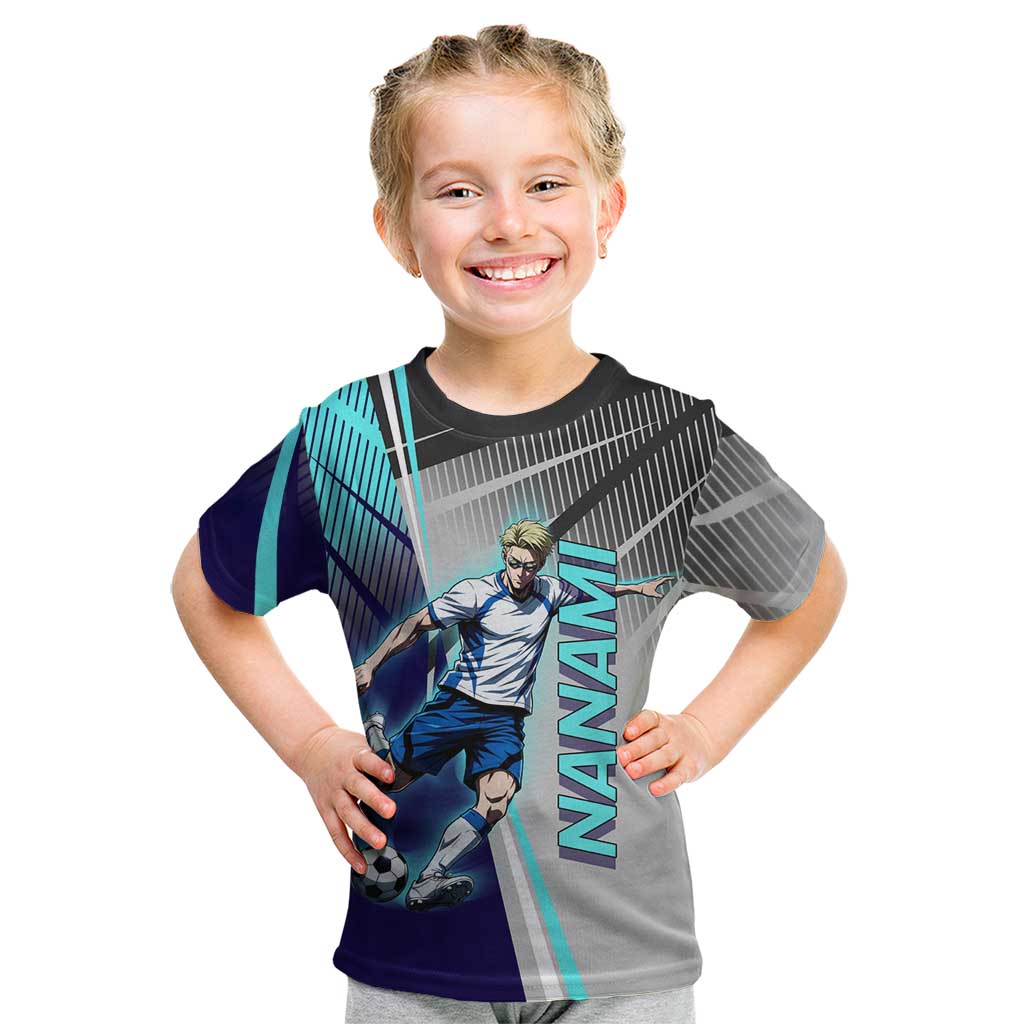 Personalized Nanami Kento Jujutsu Kaisen Kid T Shirt with Teal Highlights and Dynamic Kick Pose