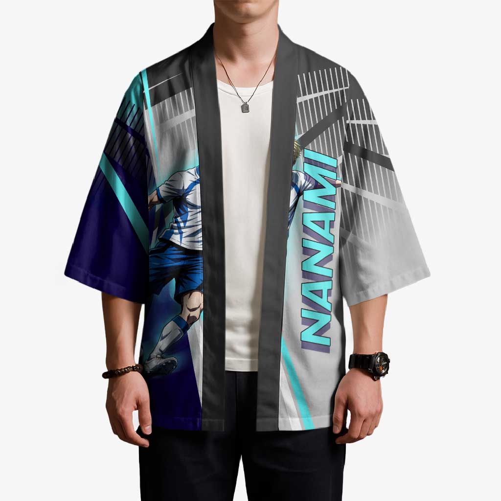 Personalized Nanami Kento Jujutsu Kaisen Kimono with Teal Highlights and Dynamic Kick Pose