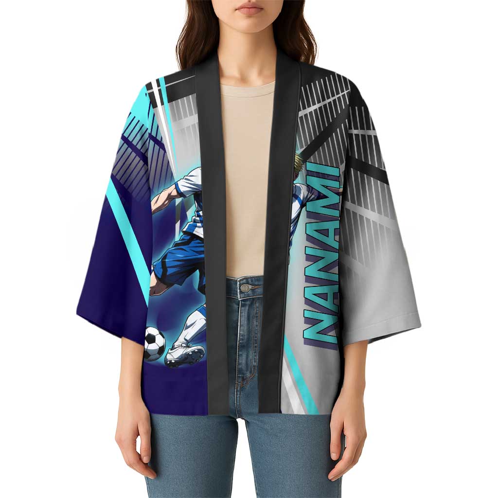 Personalized Nanami Kento Jujutsu Kaisen Kimono with Teal Highlights and Dynamic Kick Pose