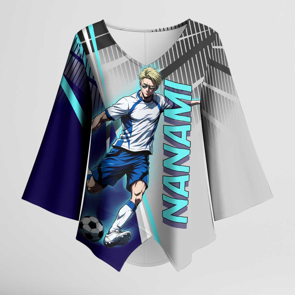 Personalized Nanami Kento Jujutsu Kaisen Kimono Sleeve Blouse with Teal Highlights and Dynamic Kick Pose