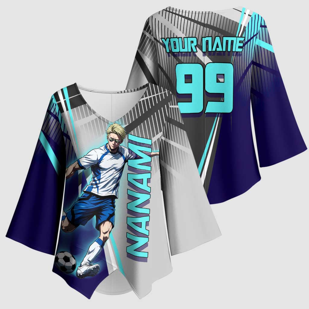 Personalized Nanami Kento Jujutsu Kaisen Kimono Sleeve Blouse with Teal Highlights and Dynamic Kick Pose