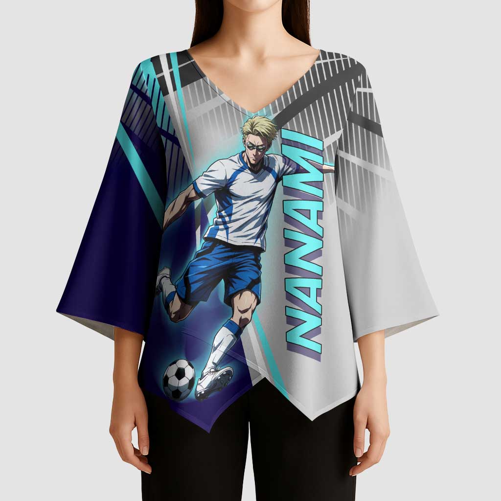 Personalized Nanami Kento Jujutsu Kaisen Kimono Sleeve Blouse with Teal Highlights and Dynamic Kick Pose