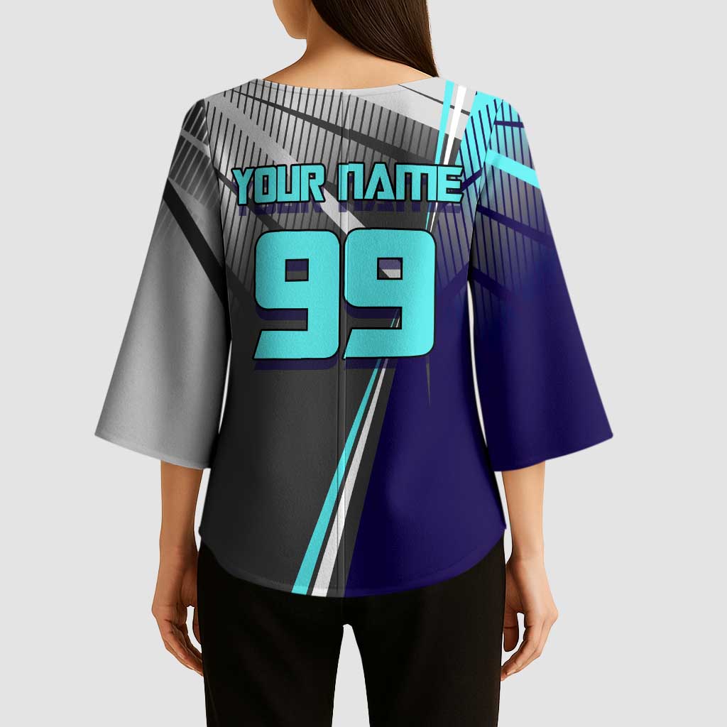 Personalized Nanami Kento Jujutsu Kaisen Kimono Sleeve Blouse with Teal Highlights and Dynamic Kick Pose