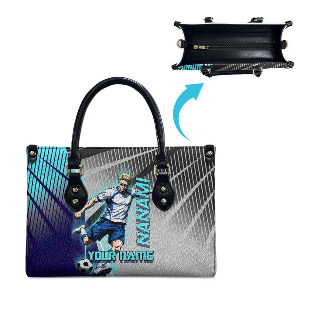 Personalized Nanami Kento Jujutsu Kaisen Leather Bag with Teal Highlights and Dynamic Kick Pose