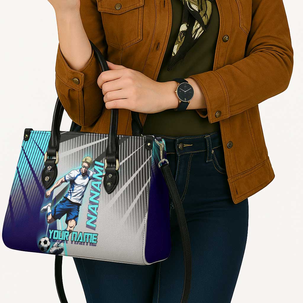 Personalized Nanami Kento Jujutsu Kaisen Leather Bag with Teal Highlights and Dynamic Kick Pose