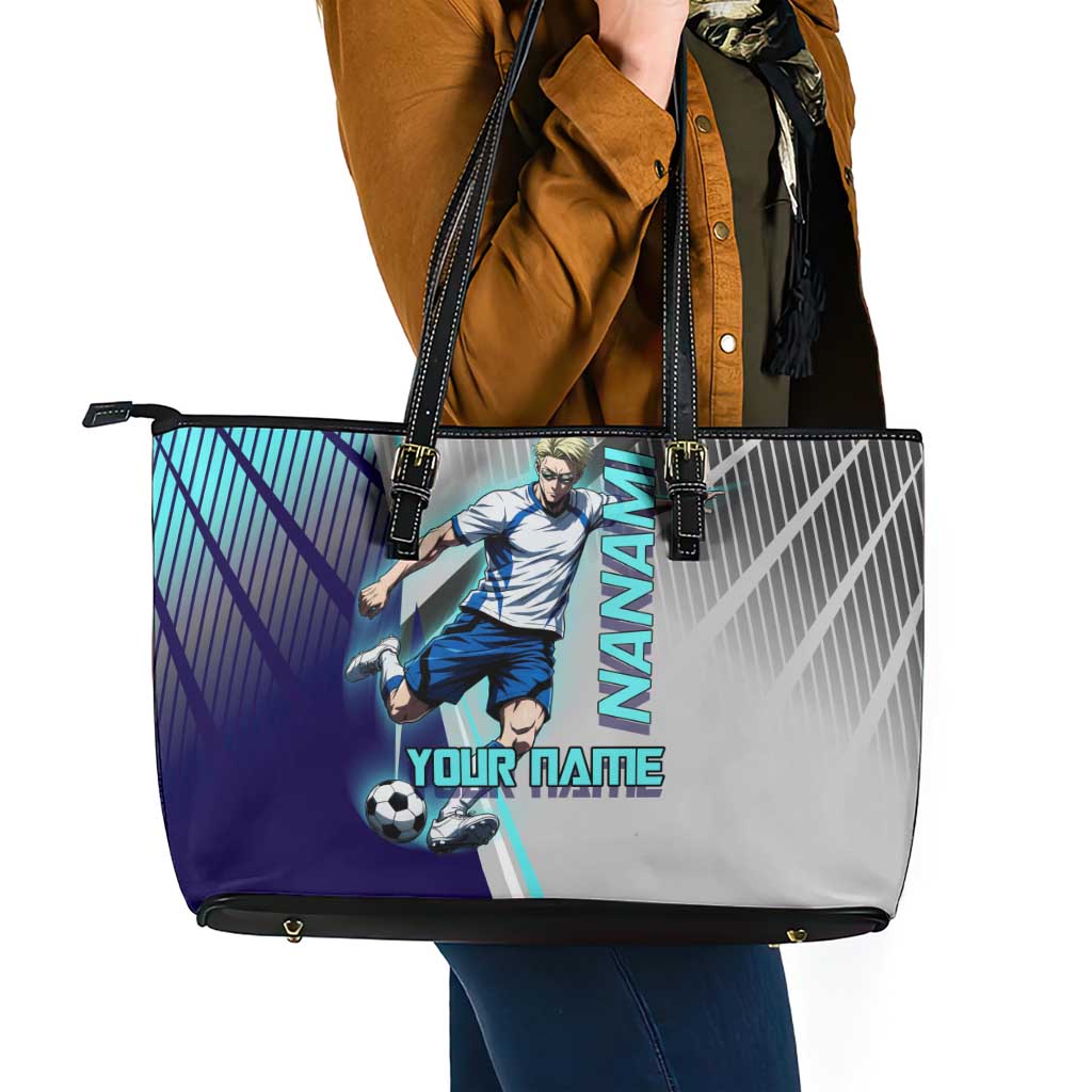 Personalized Nanami Kento Jujutsu Kaisen Leather Tote Bag with Teal Highlights and Dynamic Kick Pose
