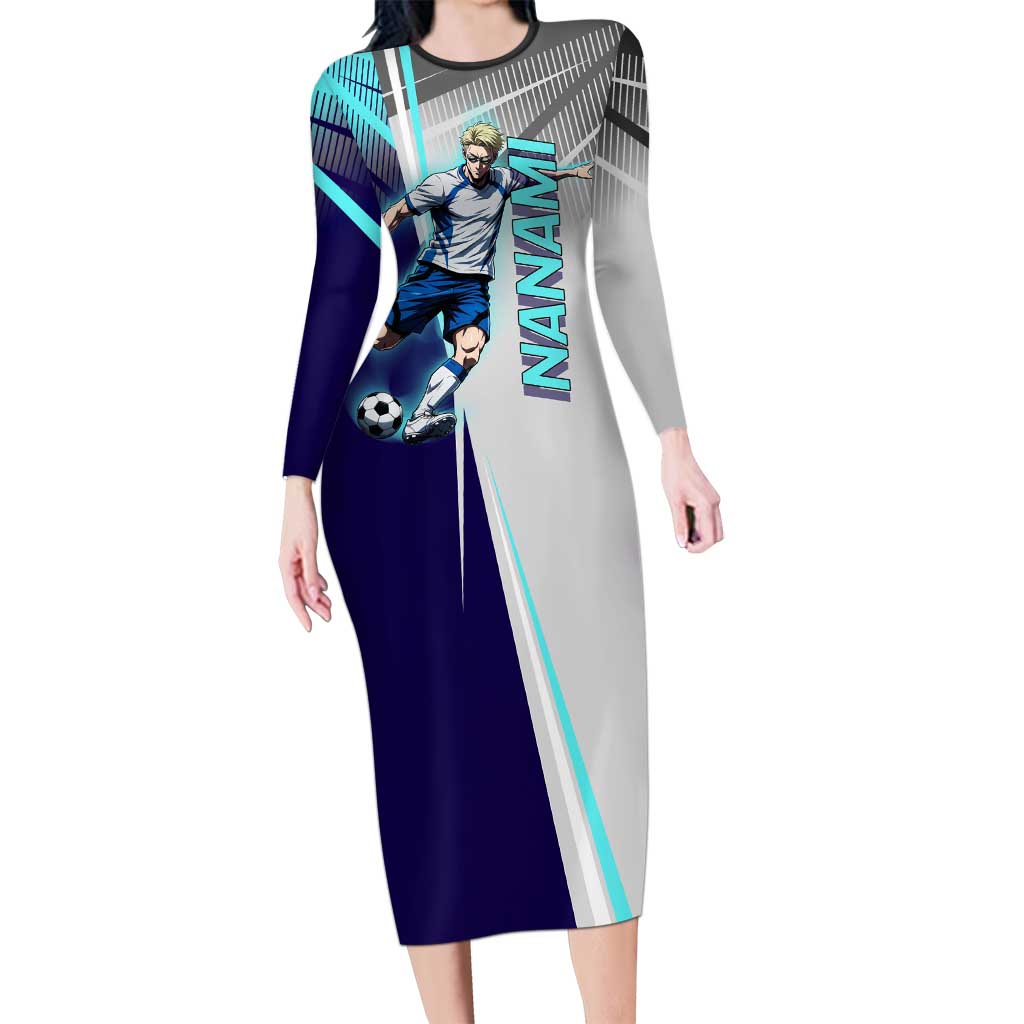 Personalized Nanami Kento Jujutsu Kaisen Long Sleeve Bodycon Dress with Teal Highlights and Dynamic Kick Pose