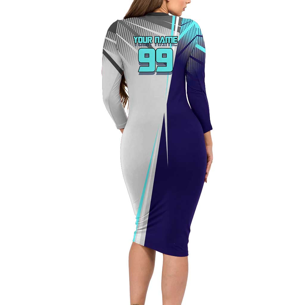 Personalized Nanami Kento Jujutsu Kaisen Long Sleeve Bodycon Dress with Teal Highlights and Dynamic Kick Pose