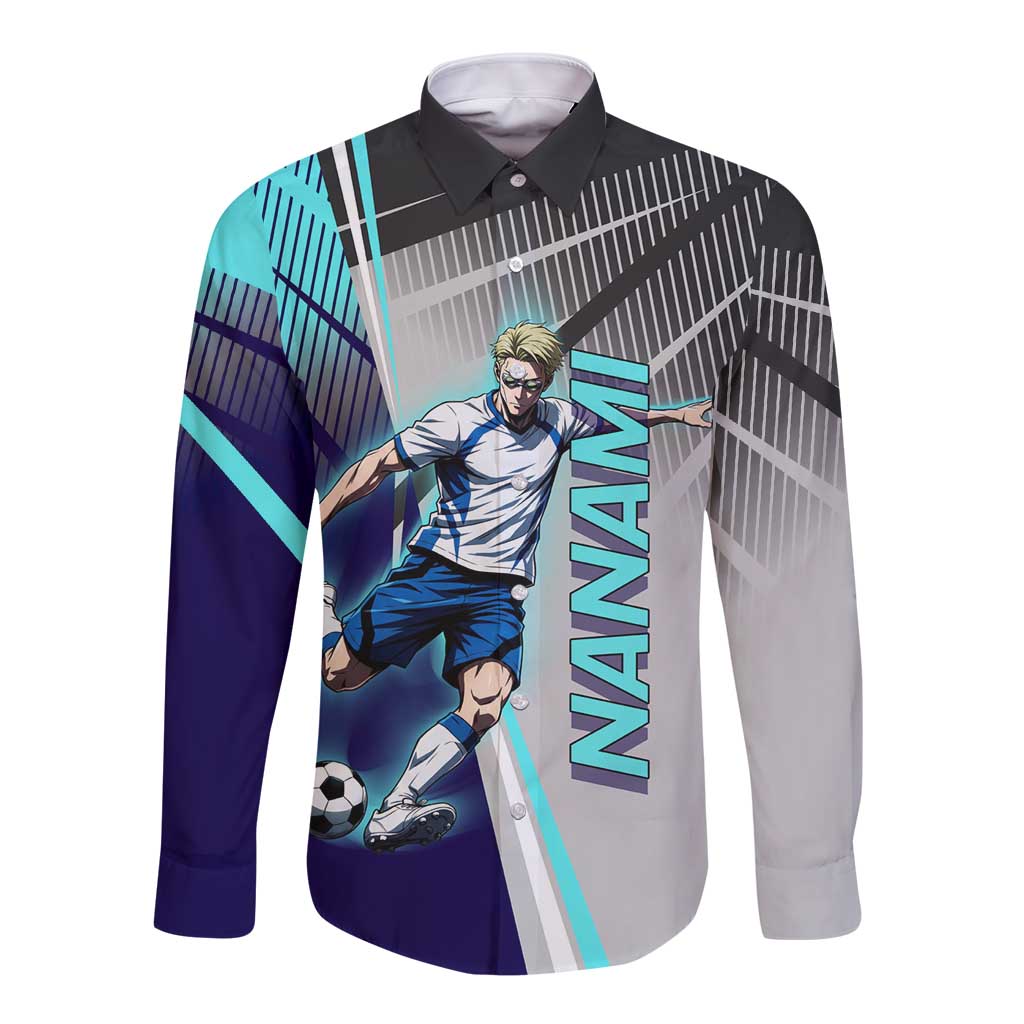 Personalized Nanami Kento Jujutsu Kaisen Long Sleeve Button Shirt with Teal Highlights and Dynamic Kick Pose
