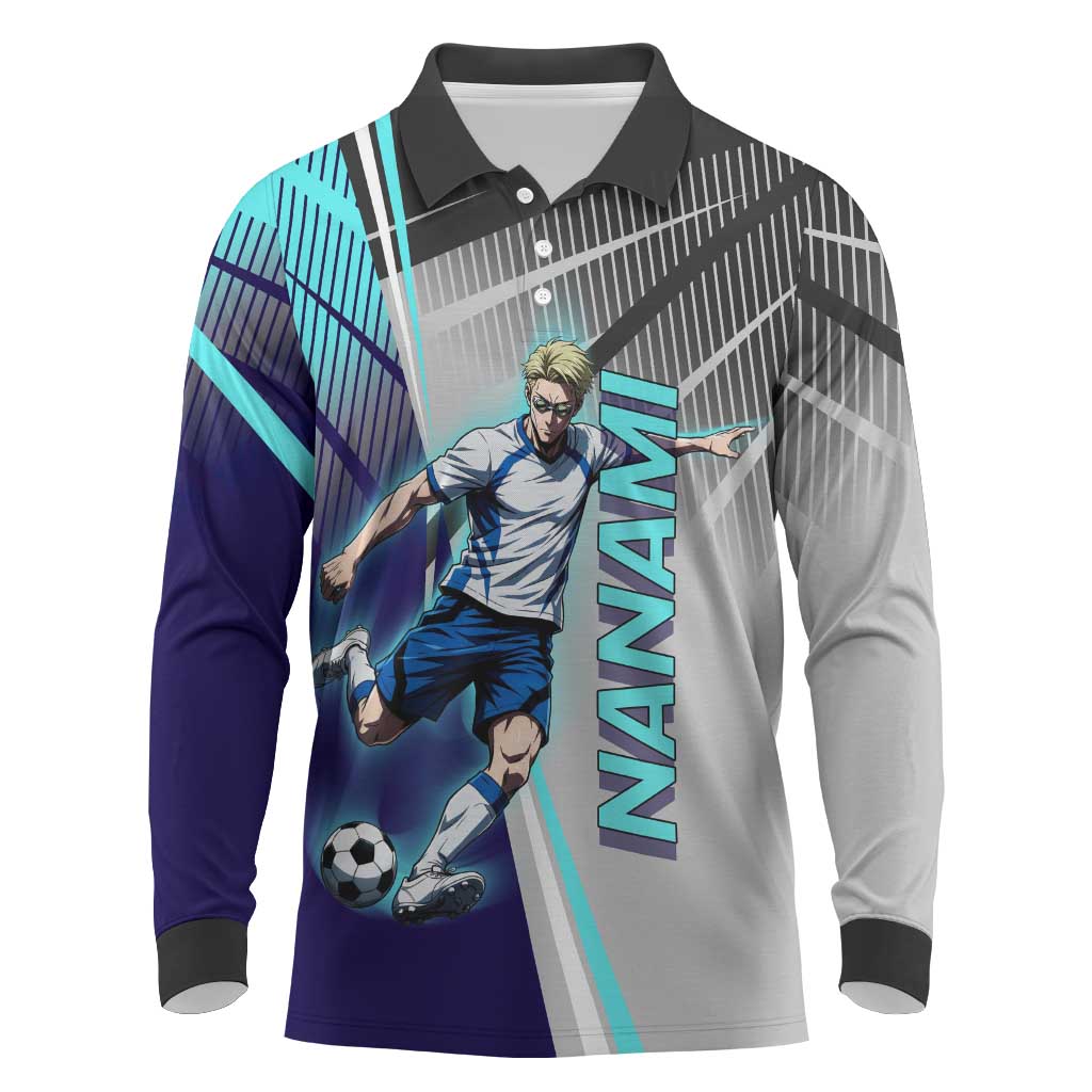 Personalized Nanami Kento Jujutsu Kaisen Long Sleeve Polo Shirt with Teal Highlights and Dynamic Kick Pose