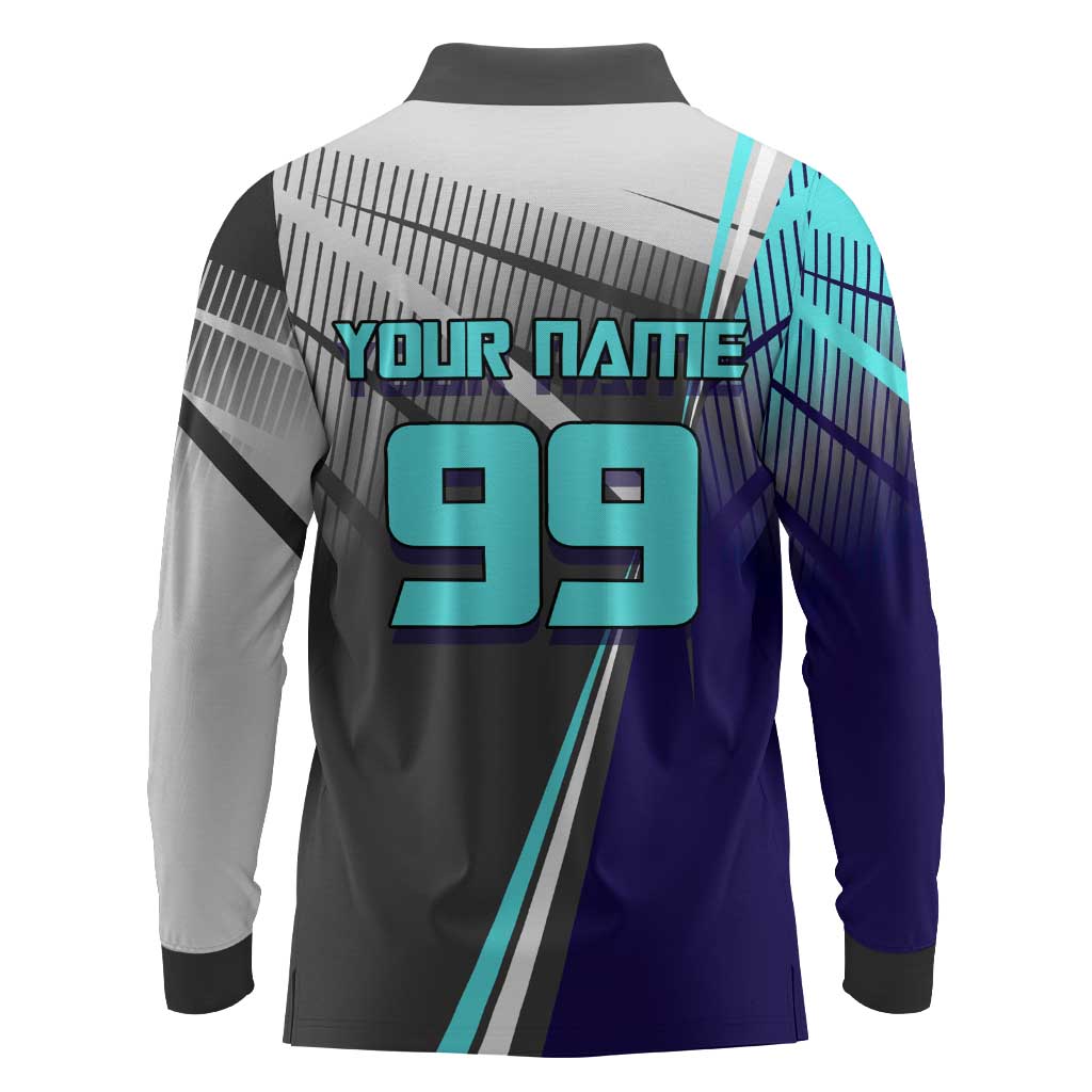 Personalized Nanami Kento Jujutsu Kaisen Long Sleeve Polo Shirt with Teal Highlights and Dynamic Kick Pose