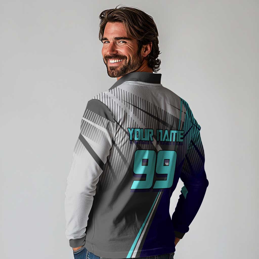 Personalized Nanami Kento Jujutsu Kaisen Long Sleeve Polo Shirt with Teal Highlights and Dynamic Kick Pose