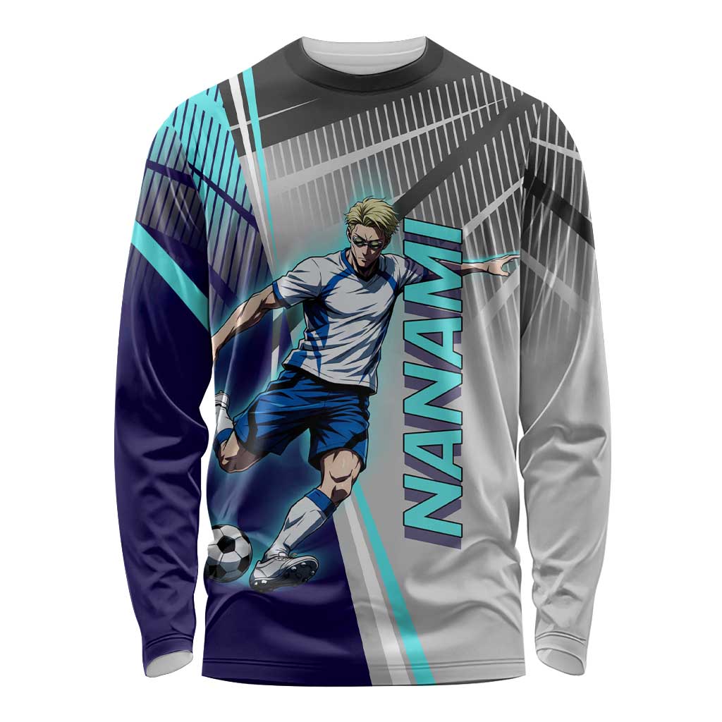 Personalized Nanami Kento Jujutsu Kaisen Long Sleeve Shirt with Teal Highlights and Dynamic Kick Pose