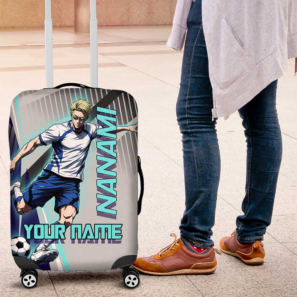 Personalized Nanami Kento Jujutsu Kaisen Luggage Cover with Teal Highlights and Dynamic Kick Pose