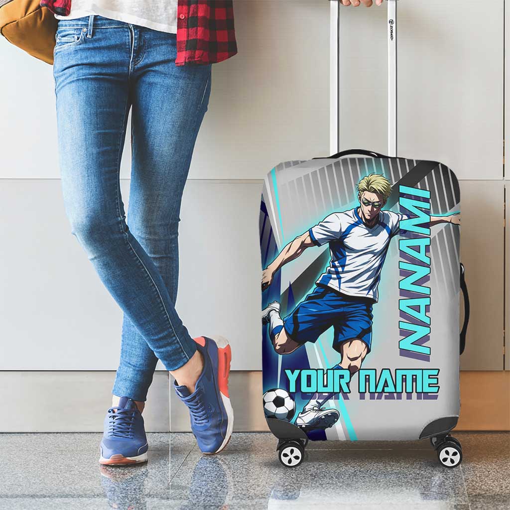 Personalized Nanami Kento Jujutsu Kaisen Luggage Cover with Teal Highlights and Dynamic Kick Pose
