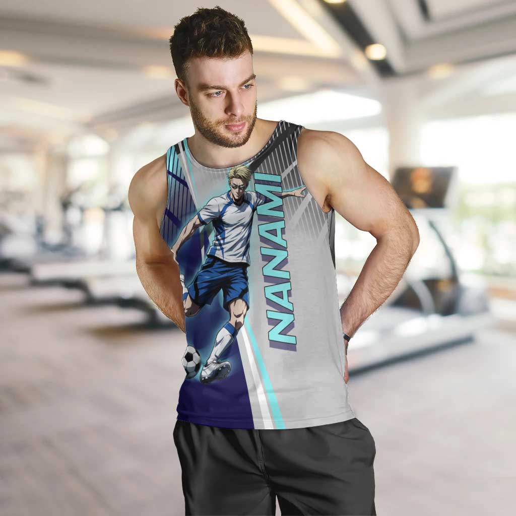Personalized Nanami Kento Jujutsu Kaisen Men Tank Top with Teal Highlights and Dynamic Kick Pose