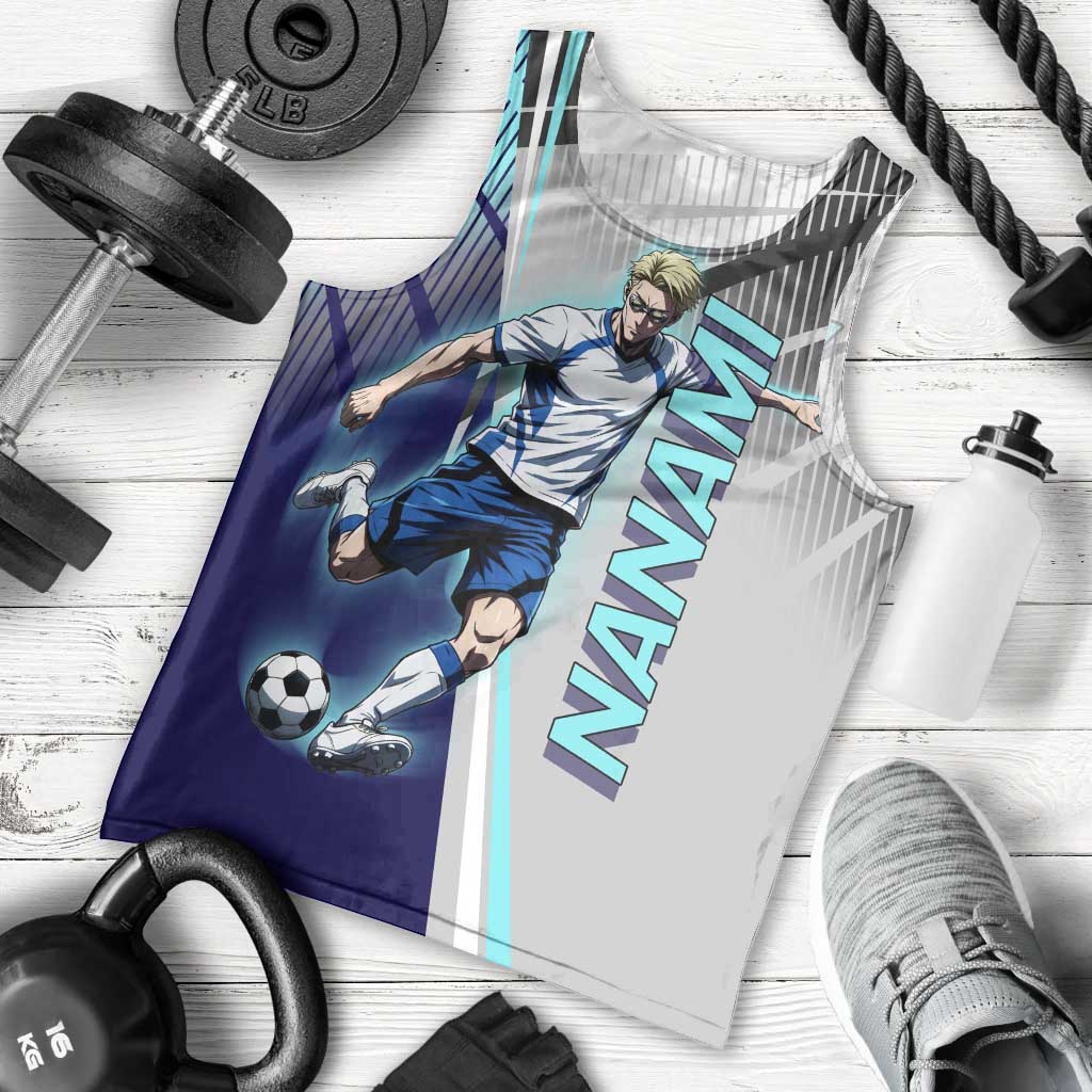 Personalized Nanami Kento Jujutsu Kaisen Men Tank Top with Teal Highlights and Dynamic Kick Pose