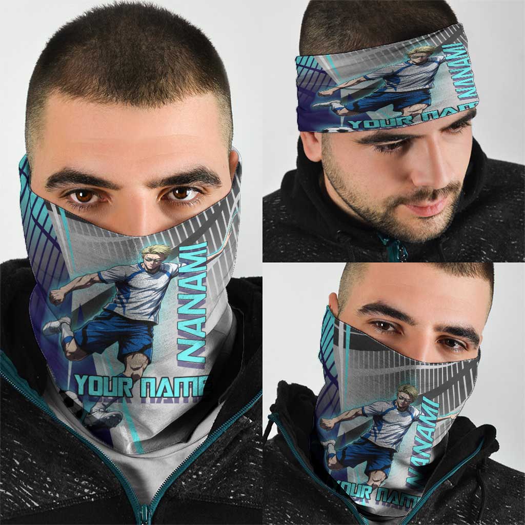 Personalized Nanami Kento Jujutsu Kaisen Neck Gaiter with Teal Highlights and Dynamic Kick Pose