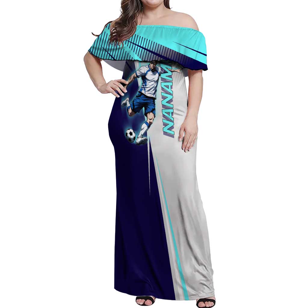 Personalized Nanami Kento Jujutsu Kaisen Off Shoulder Maxi Dress with Teal Highlights and Dynamic Kick Pose