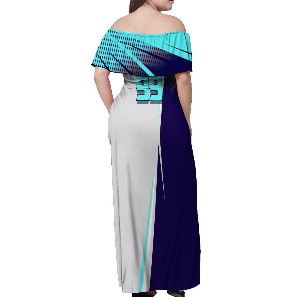 Personalized Nanami Kento Jujutsu Kaisen Off Shoulder Maxi Dress with Teal Highlights and Dynamic Kick Pose