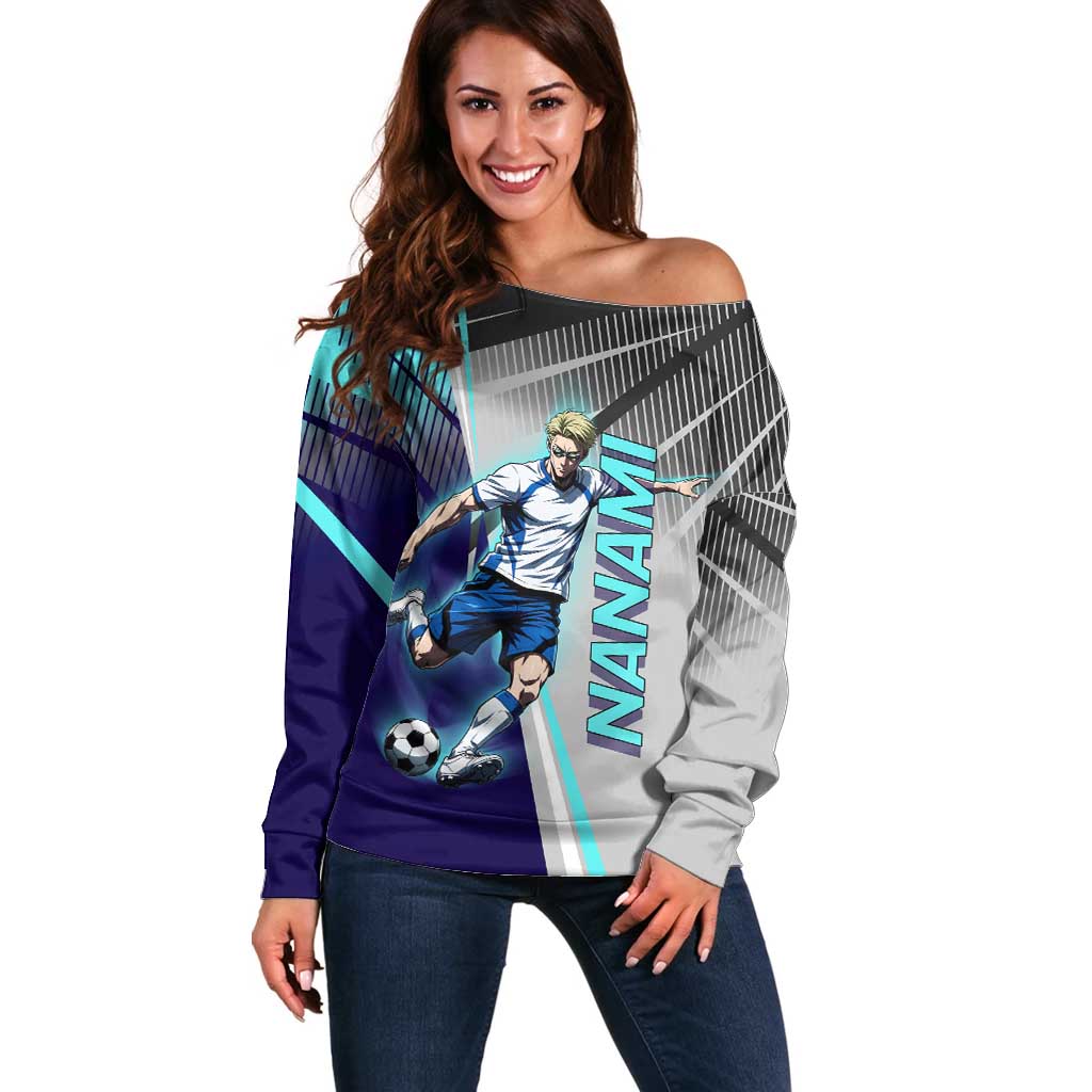 Personalized Nanami Kento Jujutsu Kaisen Off Shoulder Sweater with Teal Highlights and Dynamic Kick Pose