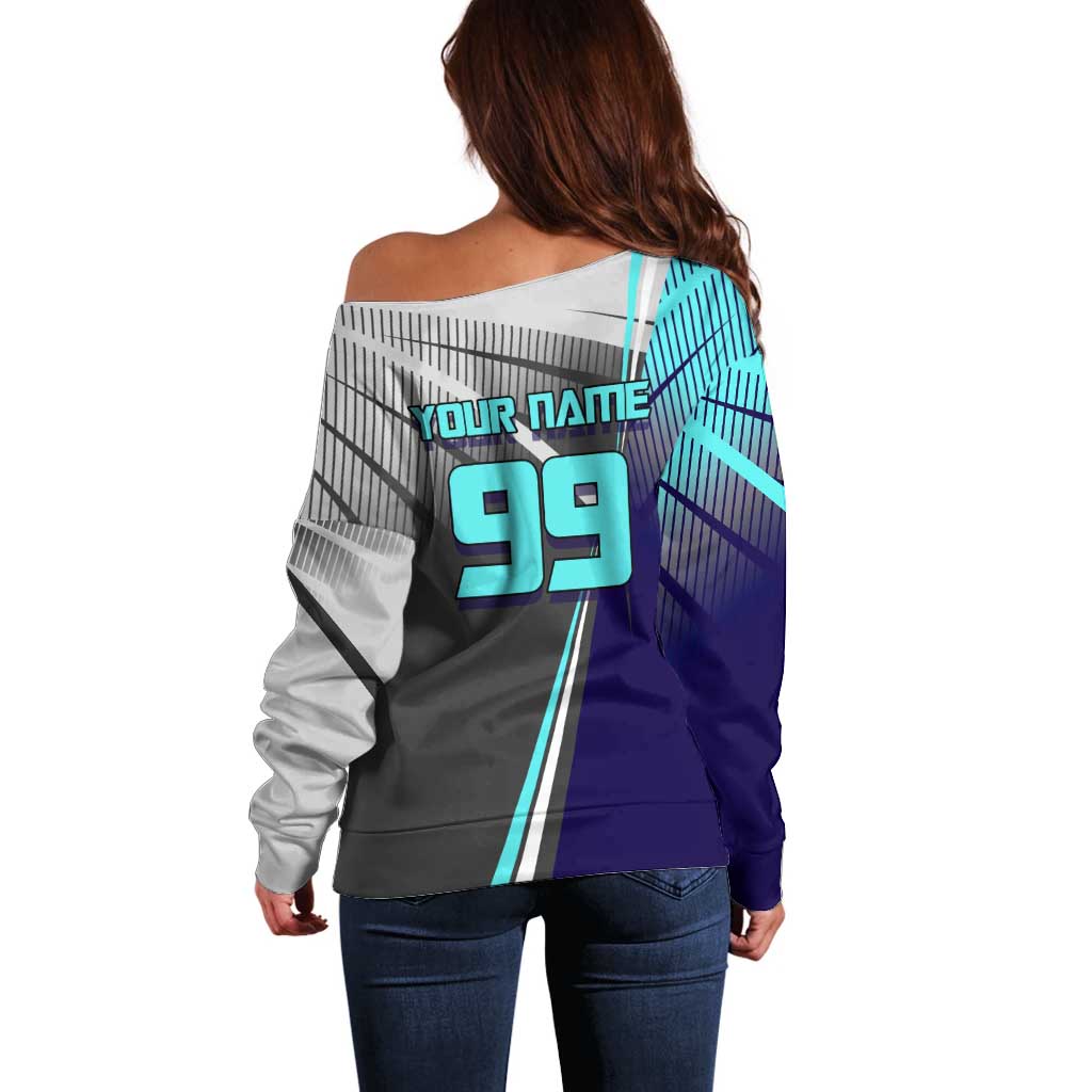 Personalized Nanami Kento Jujutsu Kaisen Off Shoulder Sweater with Teal Highlights and Dynamic Kick Pose