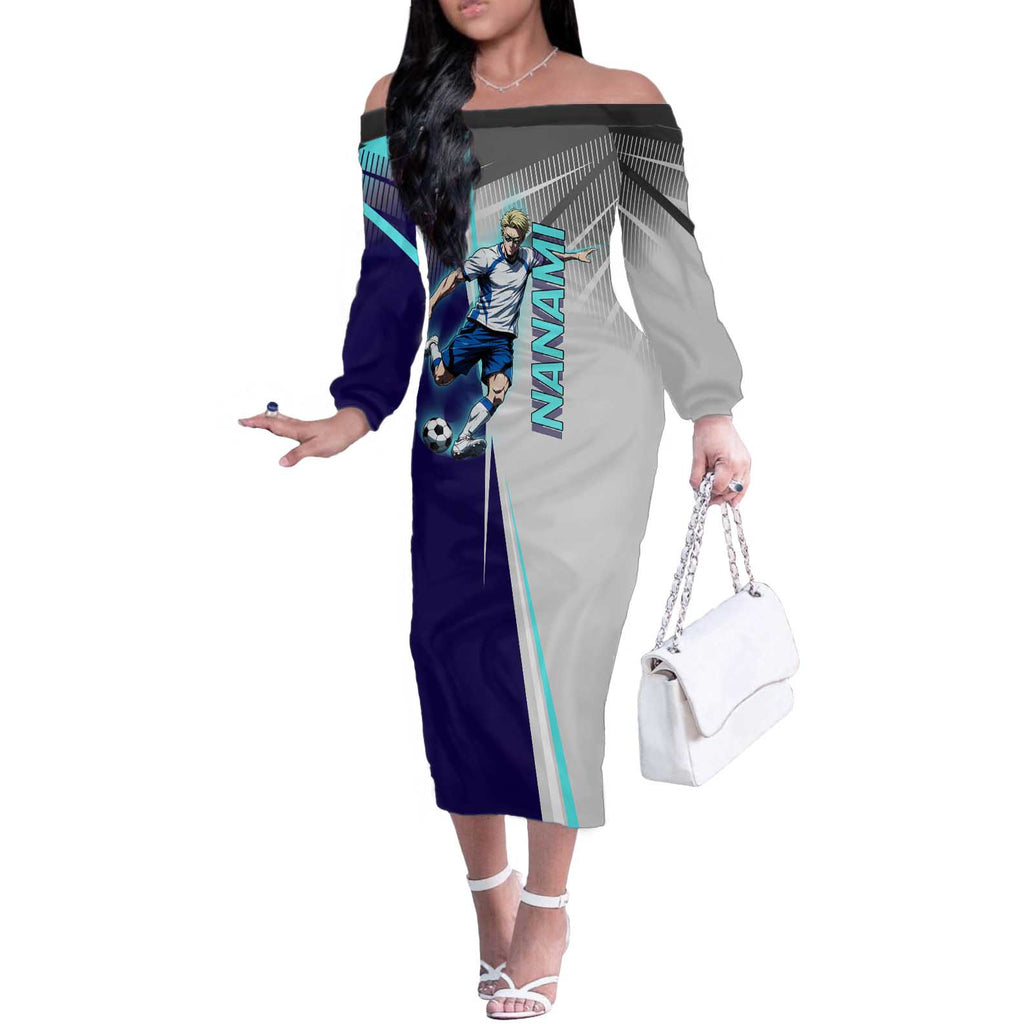 Personalized Nanami Kento Jujutsu Kaisen Off The Shoulder Long Sleeve Dress with Teal Highlights and Dynamic Kick Pose