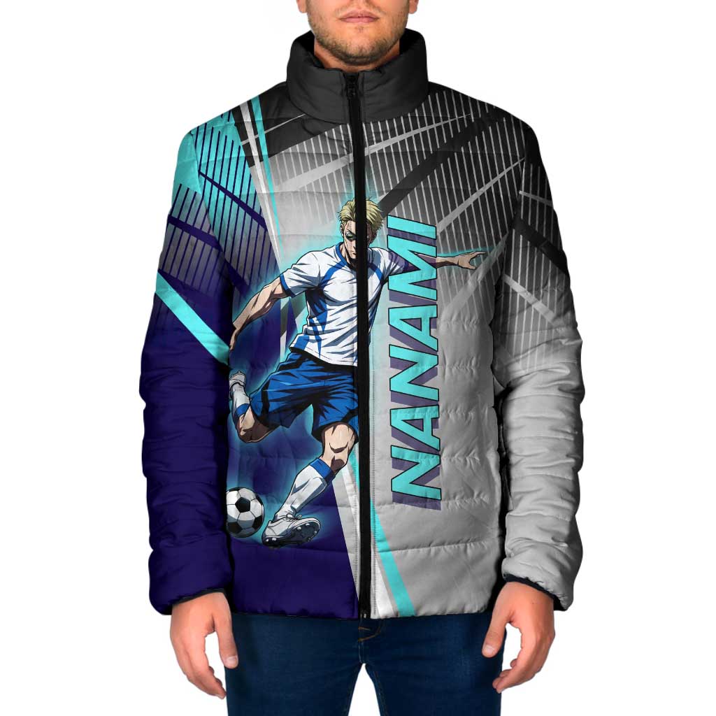Personalized Nanami Kento Jujutsu Kaisen Padded Jacket with Teal Highlights and Dynamic Kick Pose