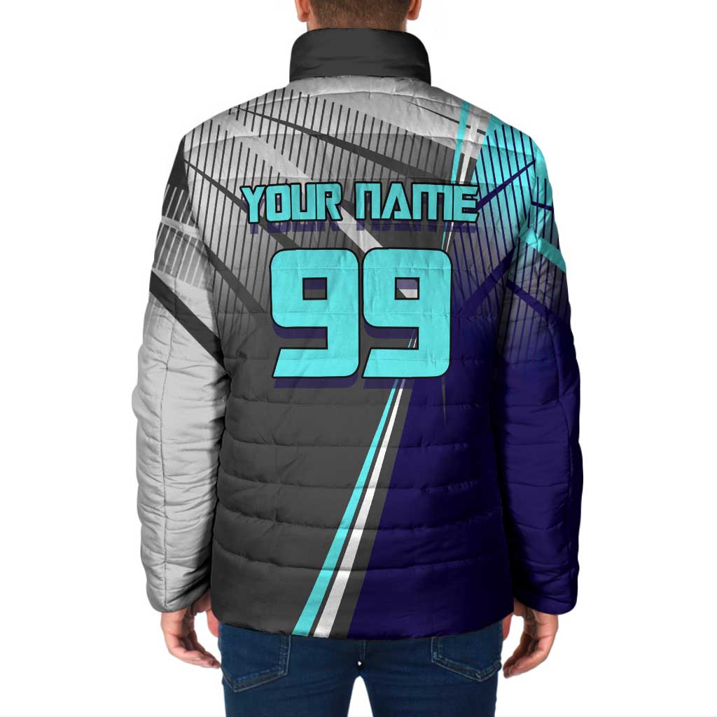 Personalized Nanami Kento Jujutsu Kaisen Padded Jacket with Teal Highlights and Dynamic Kick Pose