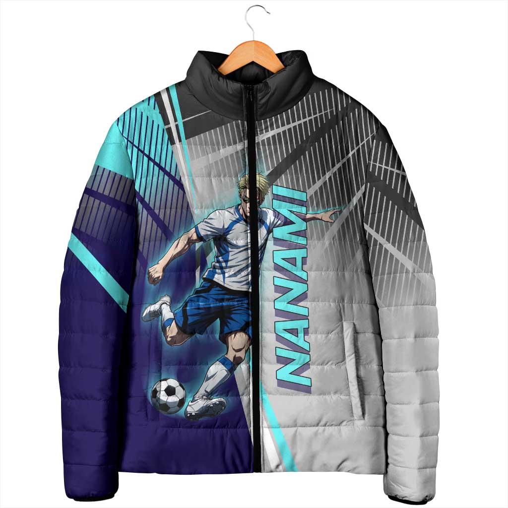 Personalized Nanami Kento Jujutsu Kaisen Padded Jacket with Teal Highlights and Dynamic Kick Pose