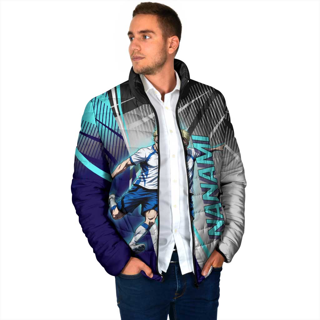 Personalized Nanami Kento Jujutsu Kaisen Padded Jacket with Teal Highlights and Dynamic Kick Pose