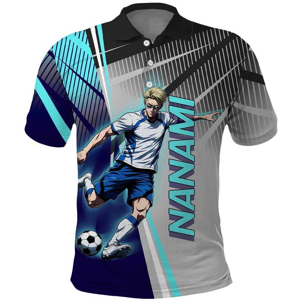 Personalized Nanami Kento Jujutsu Kaisen Polo Shirt with Teal Highlights and Dynamic Kick Pose