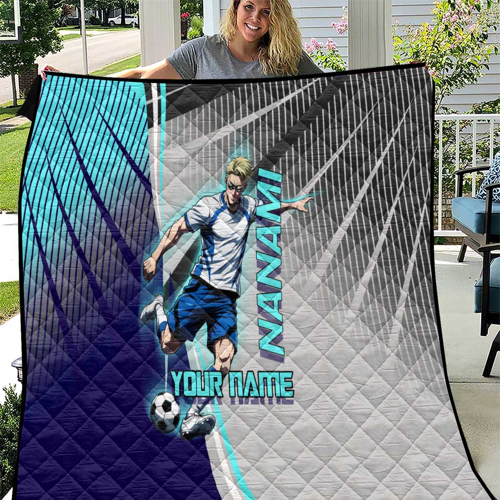 Personalized Nanami Kento Jujutsu Kaisen Quilt with Teal Highlights and Dynamic Kick Pose