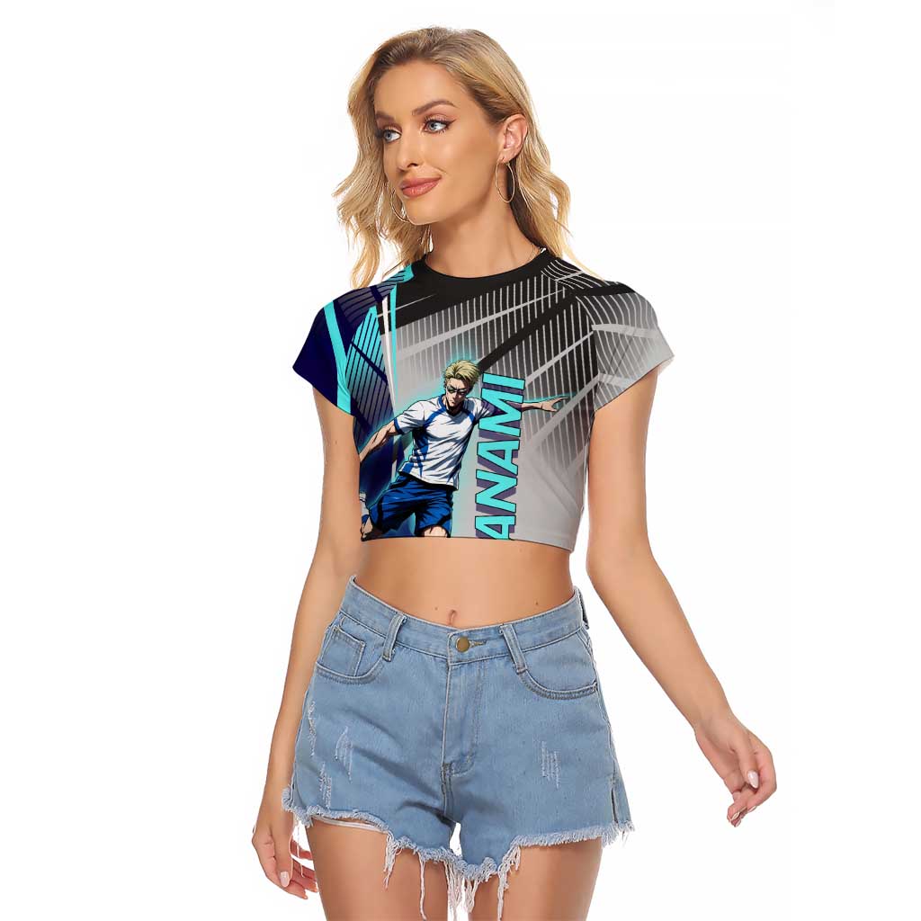 Personalized Nanami Kento Jujutsu Kaisen Raglan Cropped T Shirt with Teal Highlights and Dynamic Kick Pose