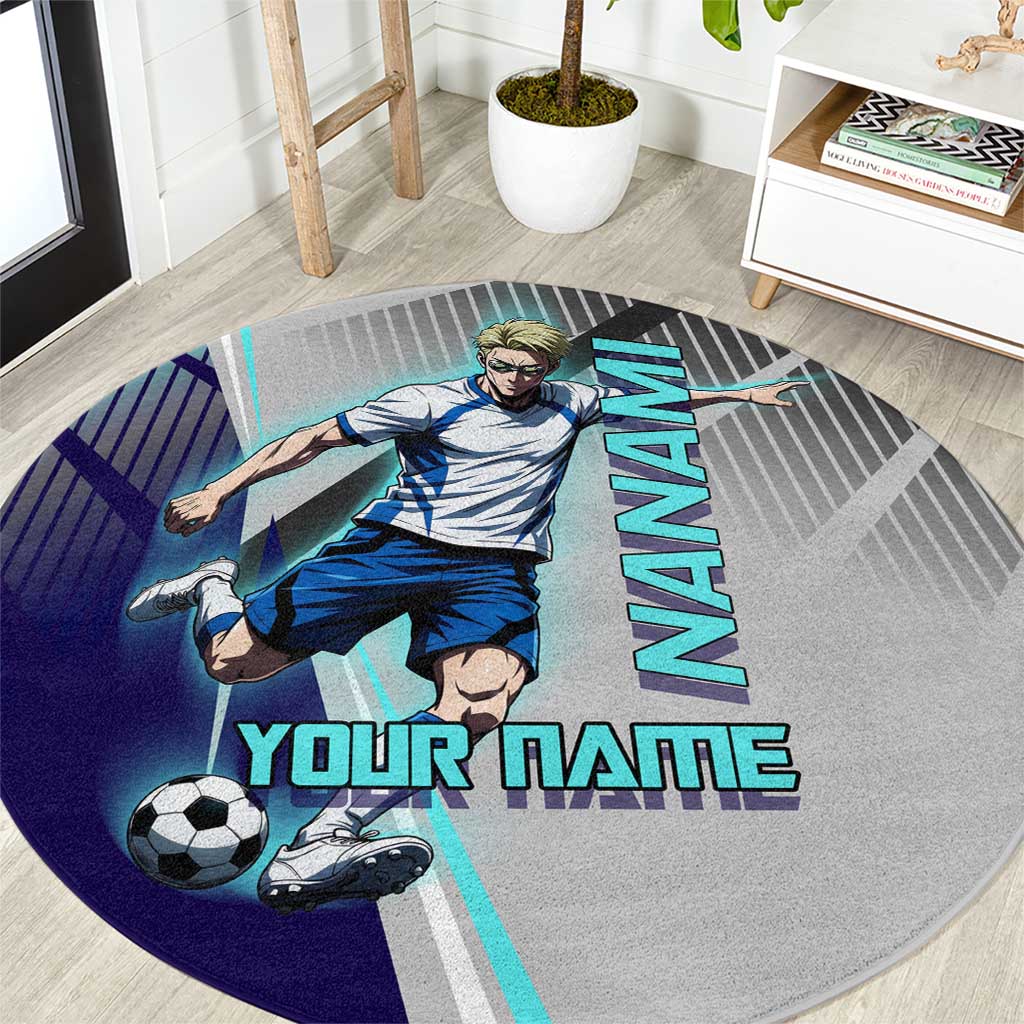 Personalized Nanami Kento Jujutsu Kaisen Round Carpet with Teal Highlights and Dynamic Kick Pose
