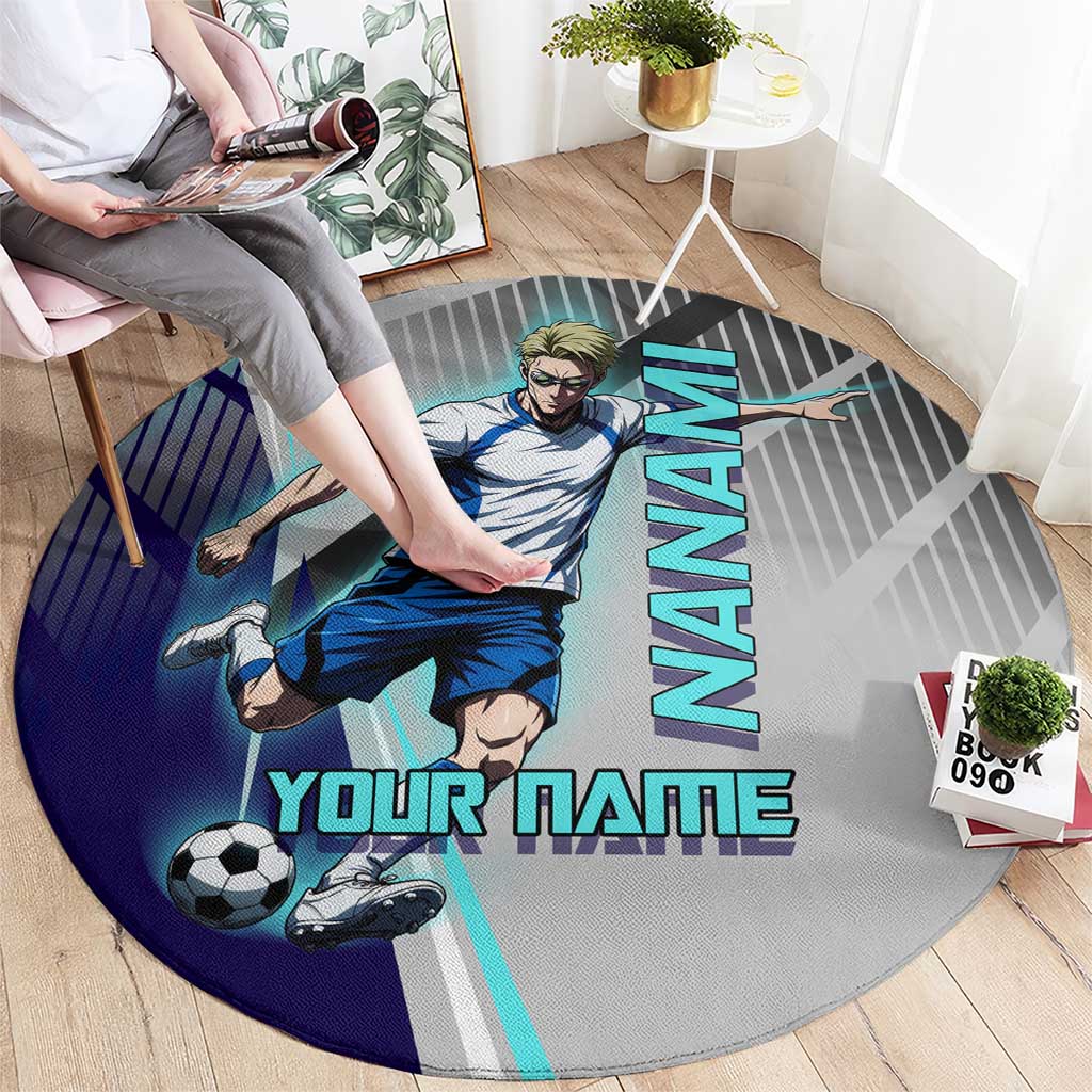 Personalized Nanami Kento Jujutsu Kaisen Round Carpet with Teal Highlights and Dynamic Kick Pose