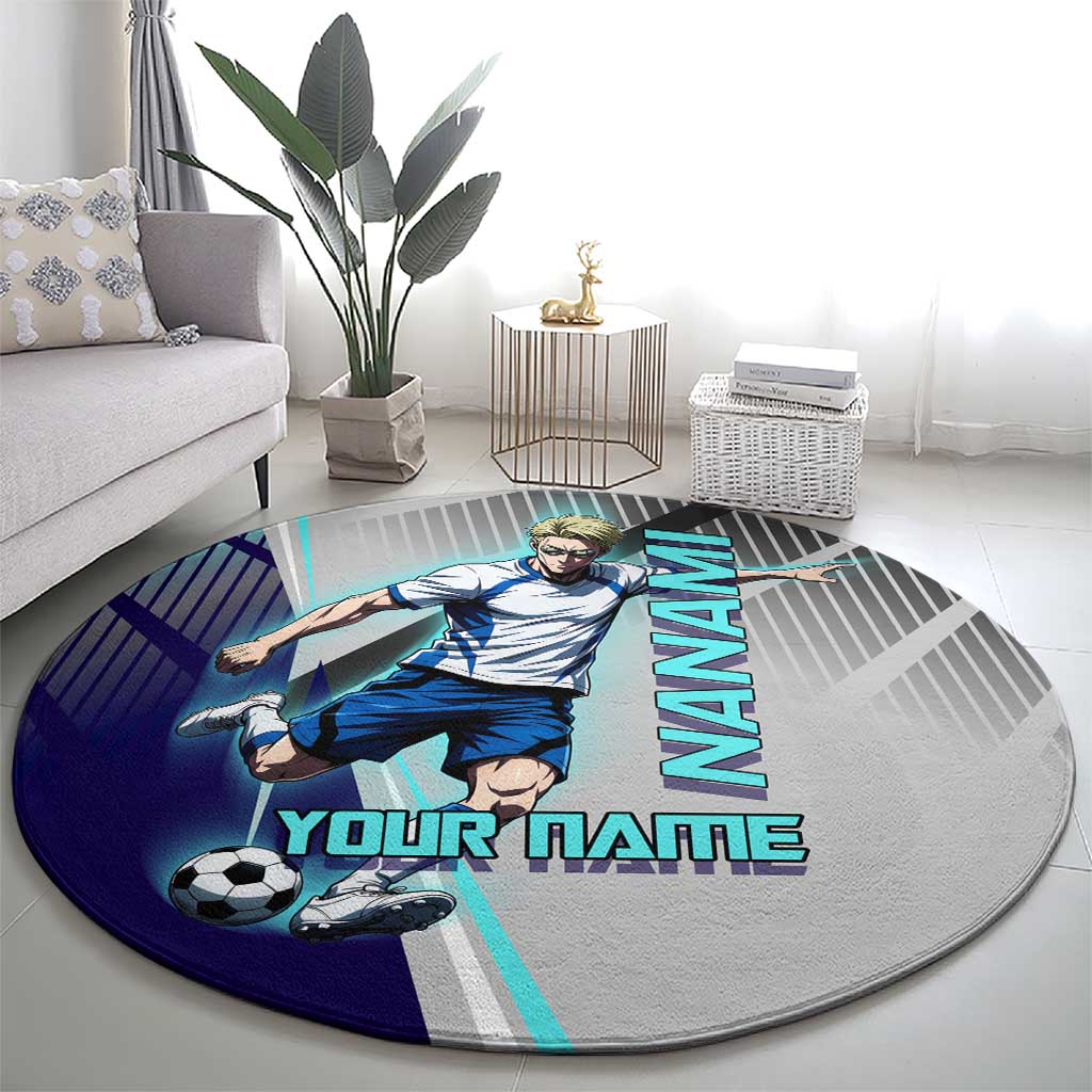 Personalized Nanami Kento Jujutsu Kaisen Round Carpet with Teal Highlights and Dynamic Kick Pose