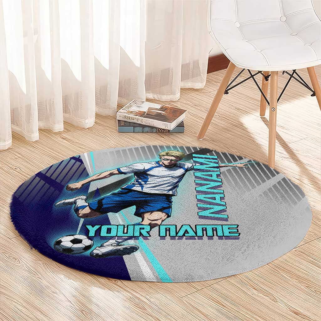 Personalized Nanami Kento Jujutsu Kaisen Round Carpet with Teal Highlights and Dynamic Kick Pose